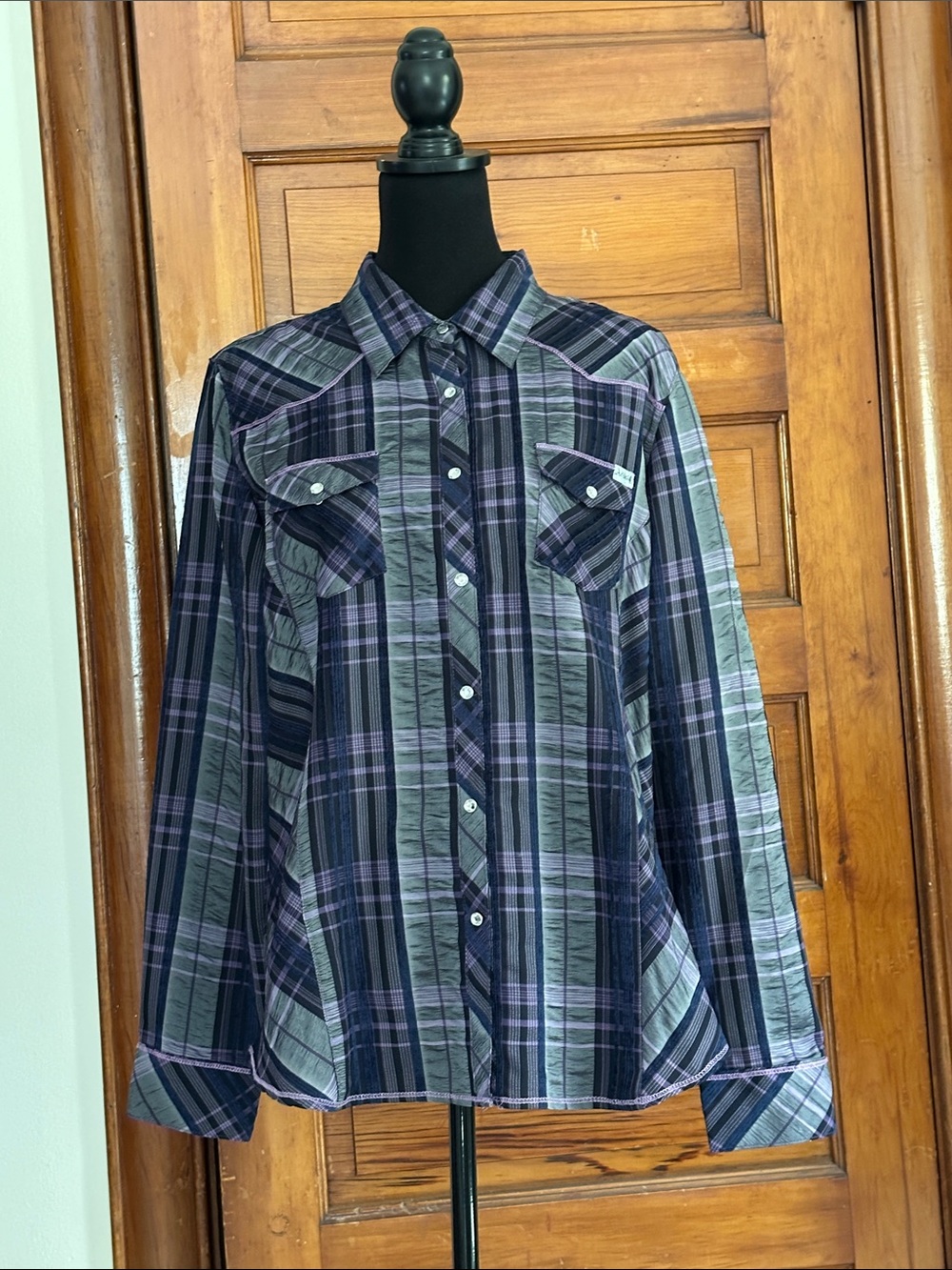 Western Style Plaid Button-Up Shirt in Purple and Gray